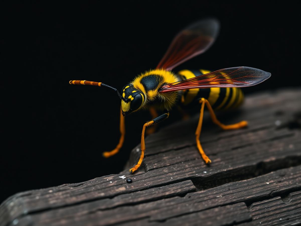 Common European wasp on weathered wood